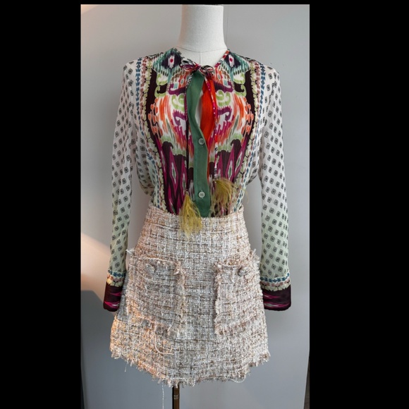 Zara printed blouse feather fringed ties - Picture 1 of 3